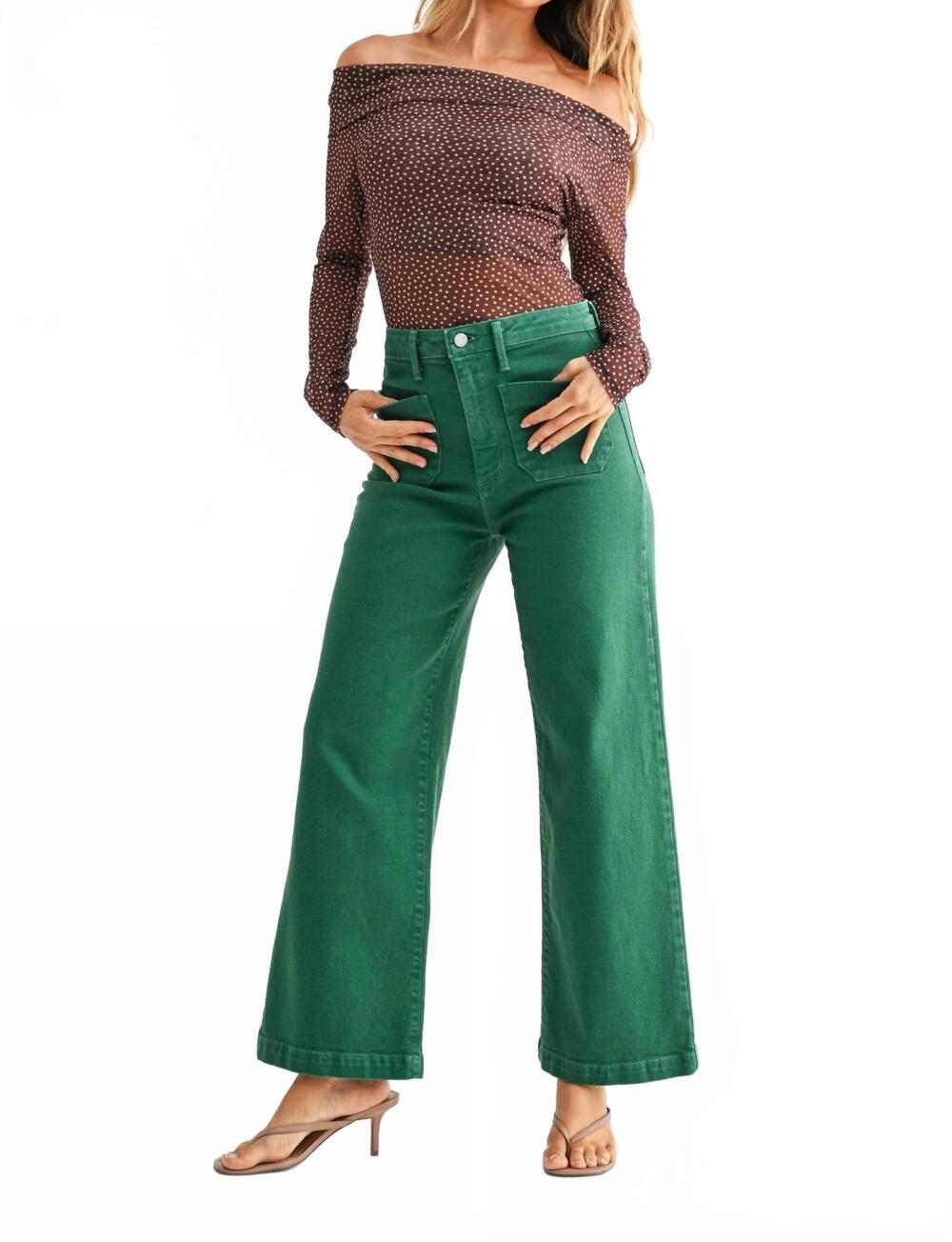 NEW JUST BLACK DENIM patch pocket wide leg jeans in green - Picture 3 of 5
